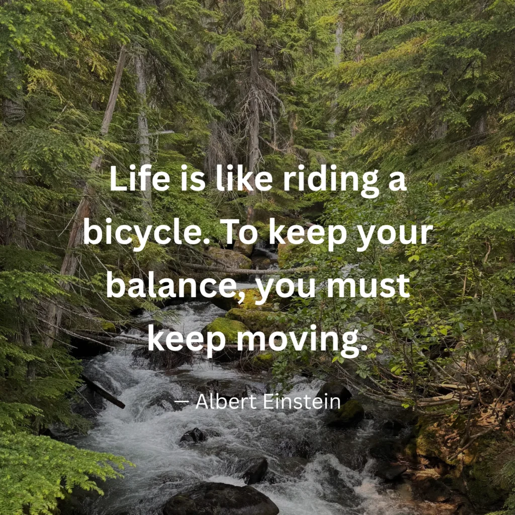 An inspirational graphic featuring a rushing forest stream with text: "Life is like riding a bicycle. To keep your balance, you must keep moving." – Albert Einstein
