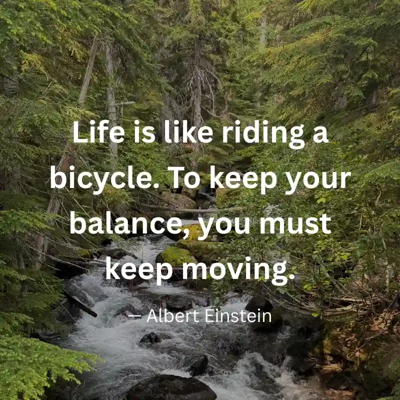 An inspirational graphic featuring a rushing forest stream with text: "Life is like riding a bicycle. To keep your balance, you must keep moving." – Albert Einstein